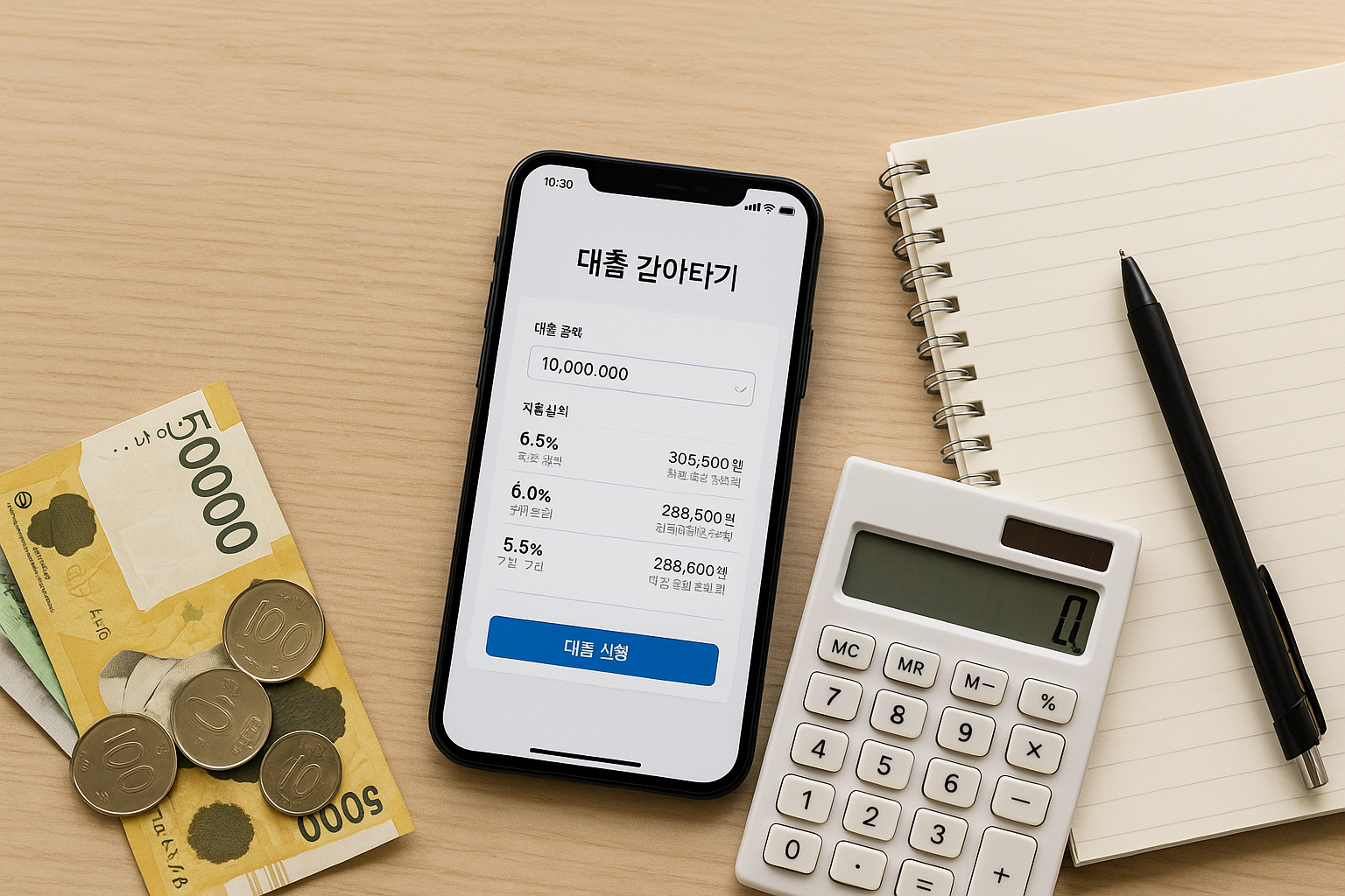 대출 갈아타기 체크리스트&mdash;스마트폰, 원화, 계산기, 노트가 놓인 책상