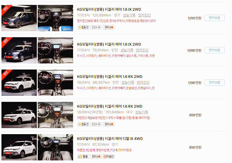 KG모빌리티 티볼리 중고차 가격 시세표 24년10월