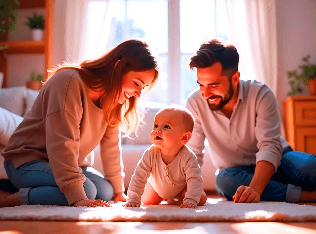 거실에서 백인 엄마와 아빠가 앉아서 기어가는 아기를 보고 웃고있다.