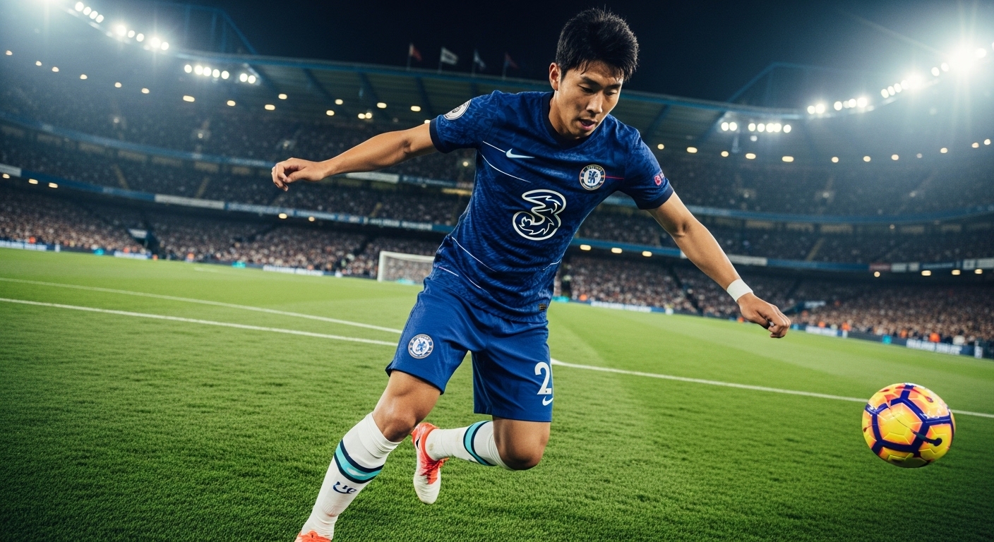 첼시 유니폼을 입고 역동적인 플레이를 펼치는 김민재 선수의 모습. 강렬한 수비력과 집중력이 돋보이는 축구 경기 장면.