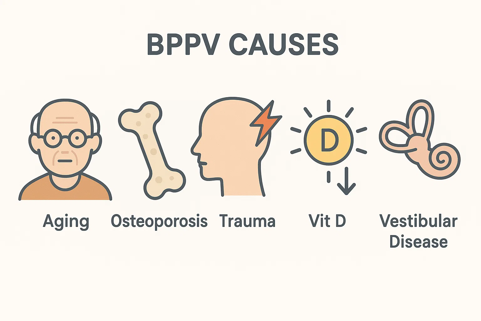 이석증 원인으로 노화, 외상, 비타민D 결핍 등 핵심 요소를 시각화