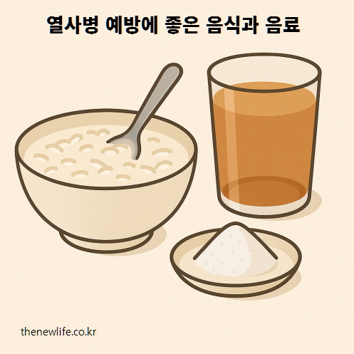 A simple bowl of rice porridge, a glass of barley tea, and a small dish of salt, recommended foods and drinks for heatstroke prevention. / 열사병 예방에 좋은 음식으로 추천되는 죽 한 그릇, 보리차 한 컵, 소금 한 접시/열사병과 일사병의 차이 설명 이미지