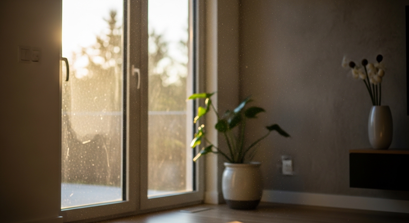 햇빛에 비쳐 공기 중에 떠다니는 실내 먼지 모습