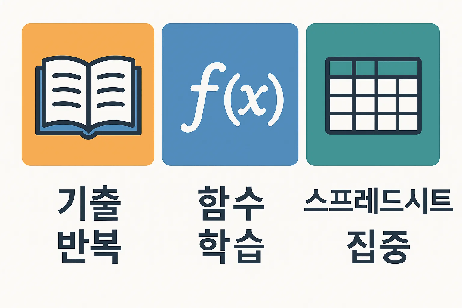 컴활2급 필기 대비를 위한 기출 반복 학습, 함수 학습, 스프레드시트 집중 학습 전략을 정리한 인포그래픽 이미지로 효율적인 공부 방향을 제시