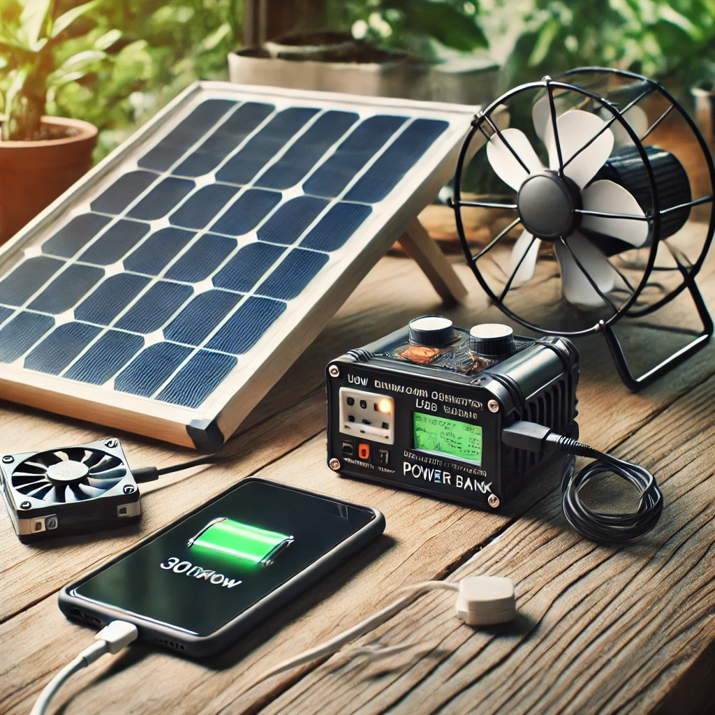 30W 태양광 패널과 손 크랭크 발전기를 활용해 보조배터리를 충전하고 있는 생존형 전력 셋업