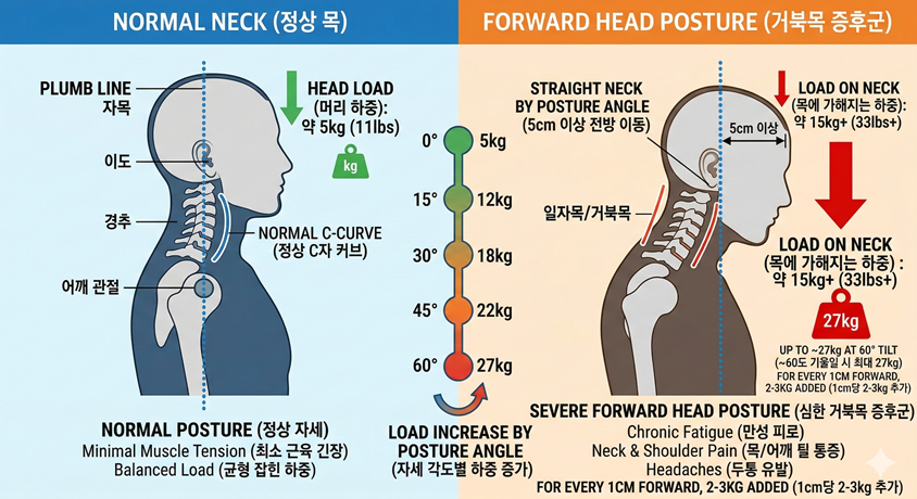 거북목 증후군과 정상 경추 곡선 비교 이미지