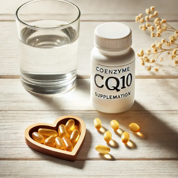 CoQ10 보충제, 하트 모양 장식, 물컵이 놓인 스튜디오컷