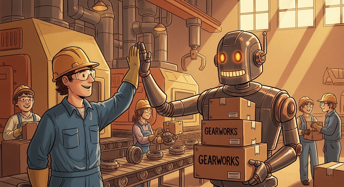 Warm-toned illustration of a robot carrying boxes in a factory and high-fiving a human worker.