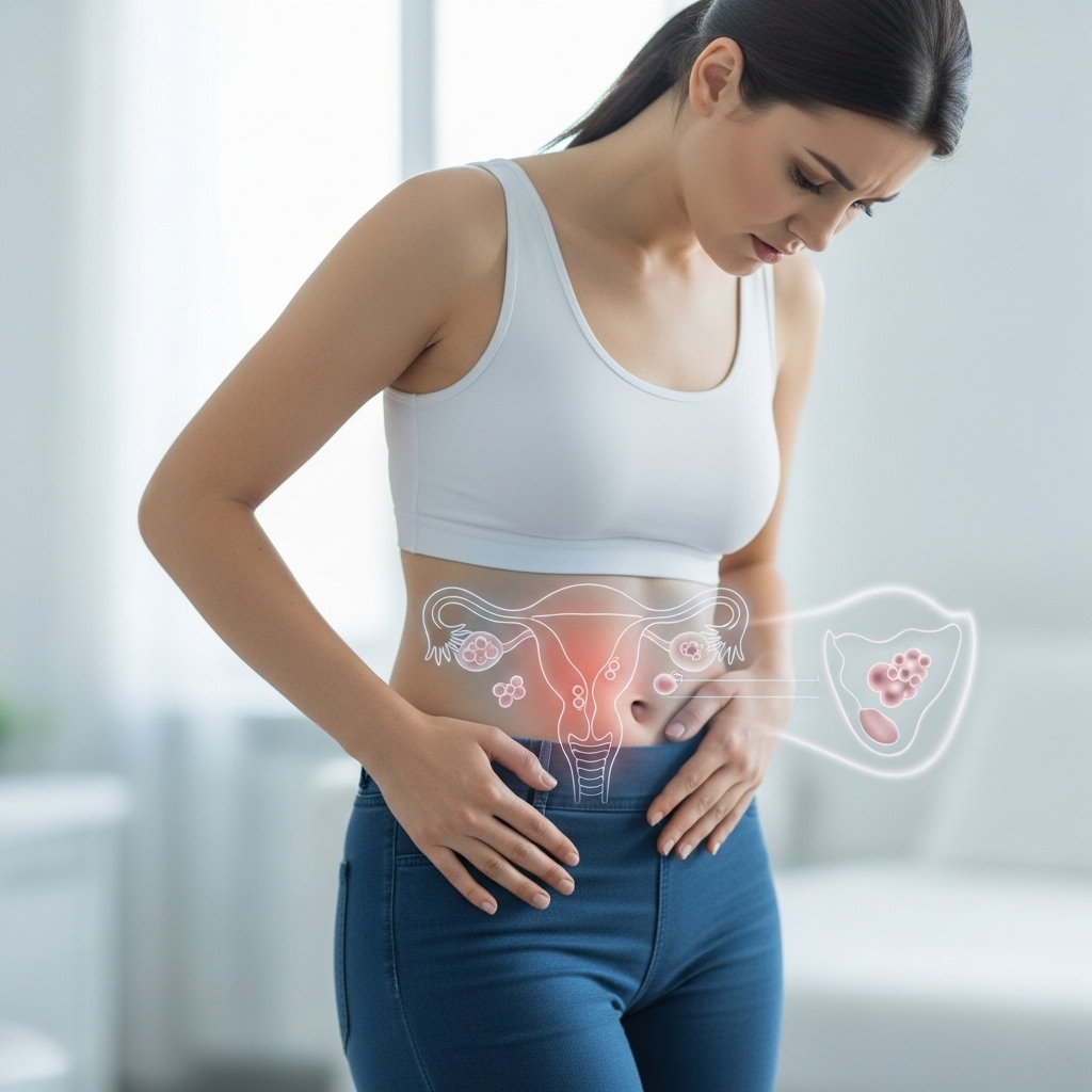 관계 후 출혈과 자궁혹으로 걱정하는 여성의 모습과 자궁 이미지