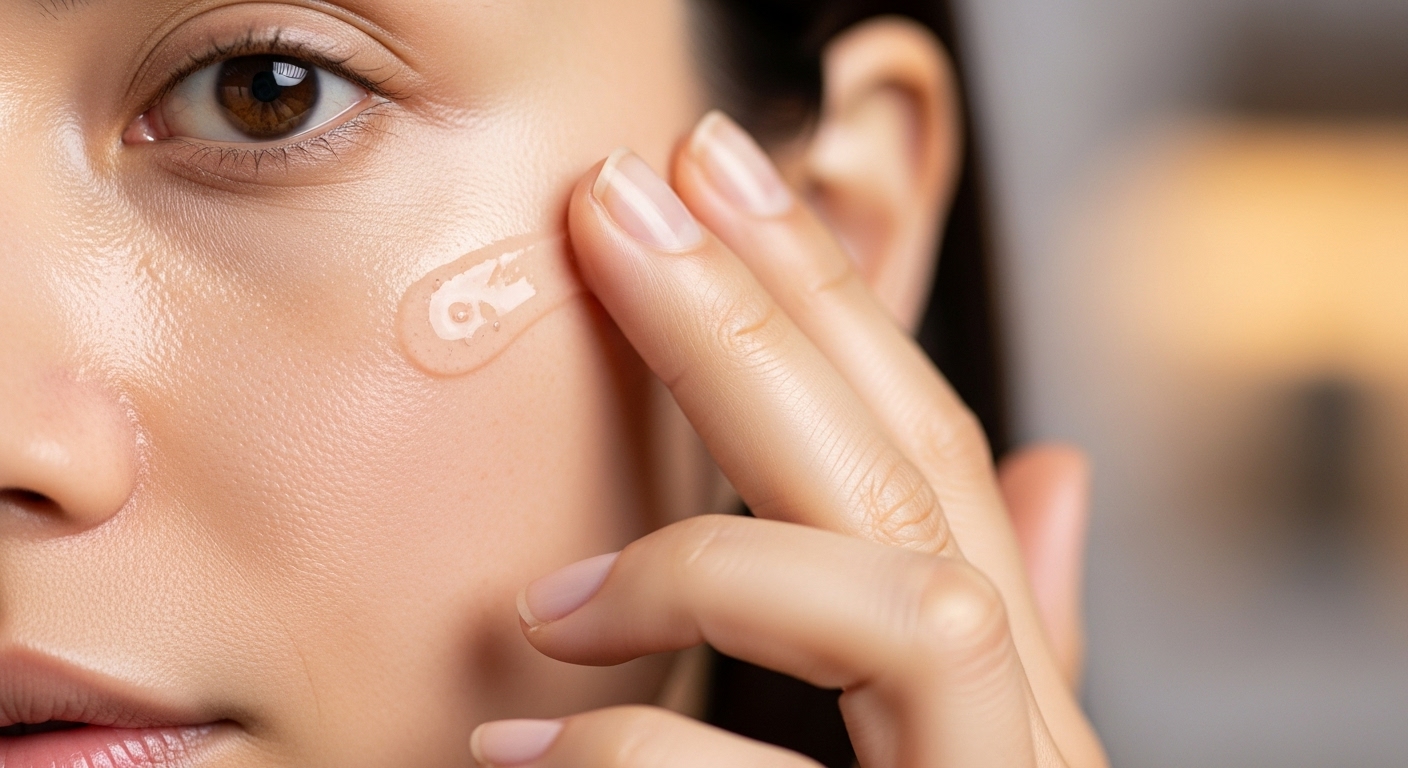 여성이 얼굴에 자극 없는 PHA 토너나 세럼을 부드럽게 바르는 모습. 순한 각질 관리의 중요성을 보여준다.