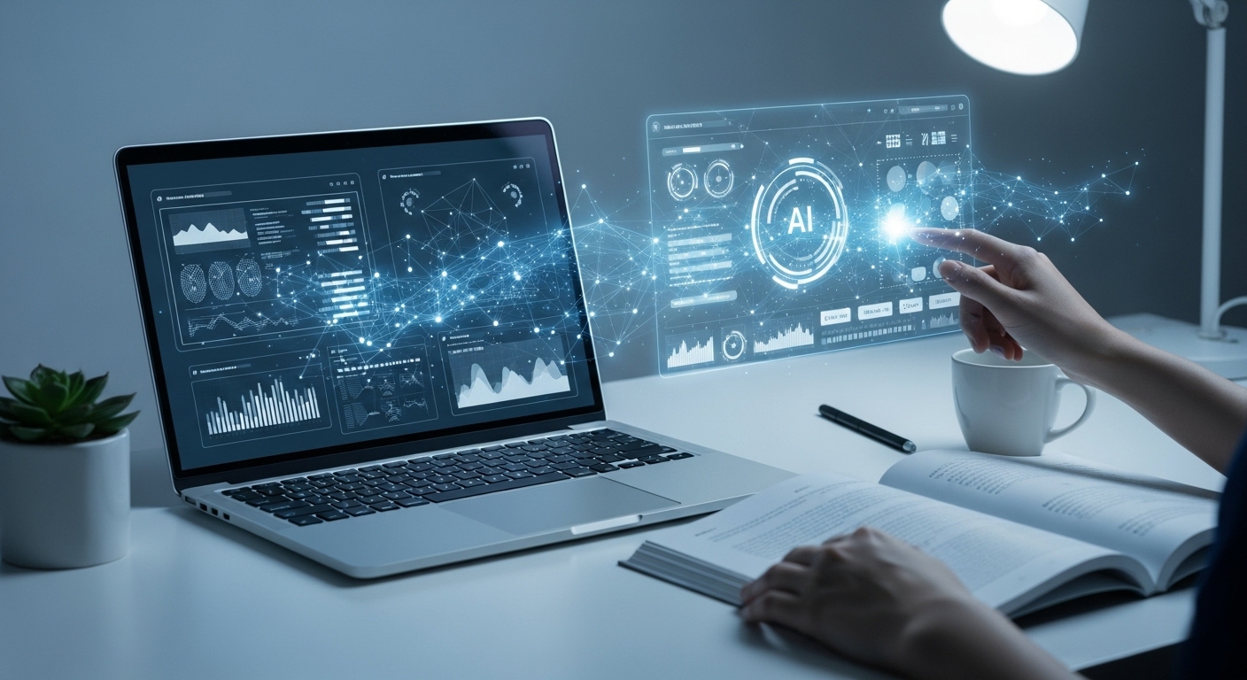 노트북의 AI 인터페이스 옆에 놓인 책. AI가 독서를 돕는 스마트한 학습 환경과 기술 통합을 나타냅니다.