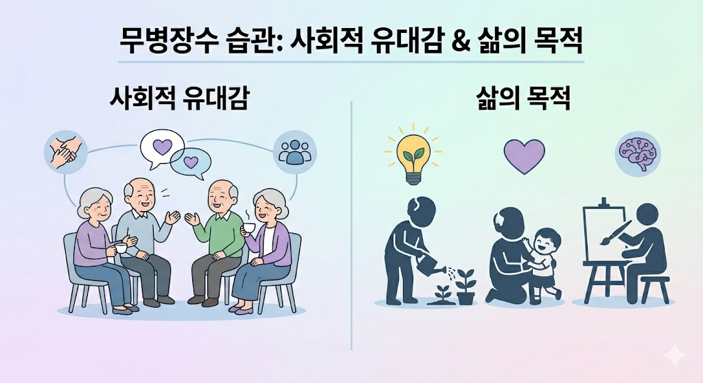 무병장수 습관을 주제로 사회적 유대감과 삶의 목적을 설명하는 인포그래픽입니다. 왼쪽에는 노인들이 모여 대화하며 유대감을 쌓는 모습이, 오른쪽에는 화초 가꾸기, 손주 돌봄, 그림 그리기 등 다양한 활동을 통해 삶의 목적을 실천하는 실루엣과 아이콘이 그려져 있습니다.