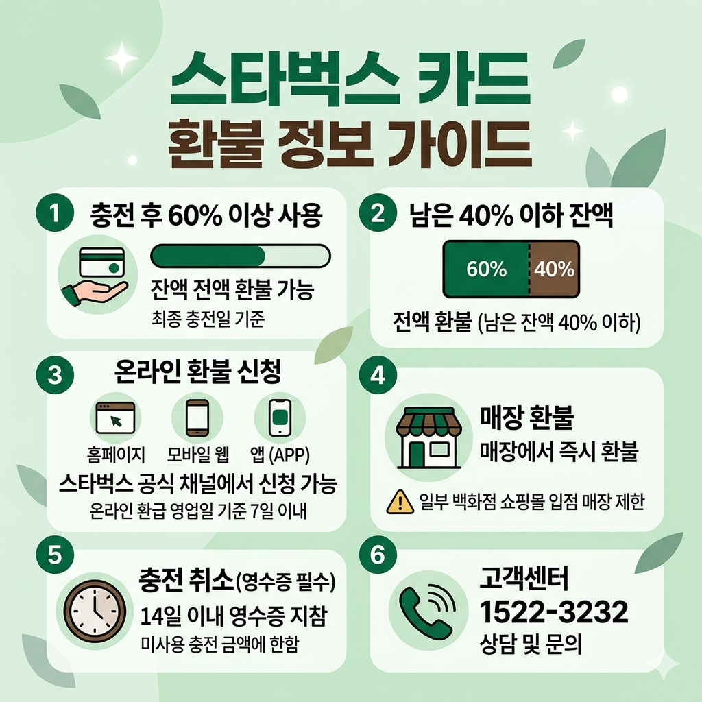 스타벅스 카드 환불 방법｜잔액 환급 조건과 신청 기준 인포그래픽