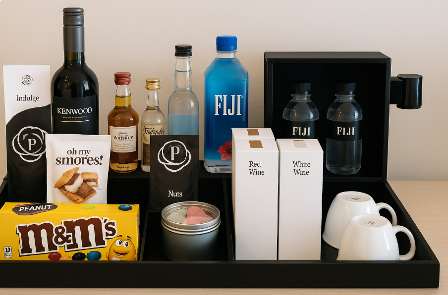 고급 호텔 객실에 놓인 전통적인 미니바 이미지