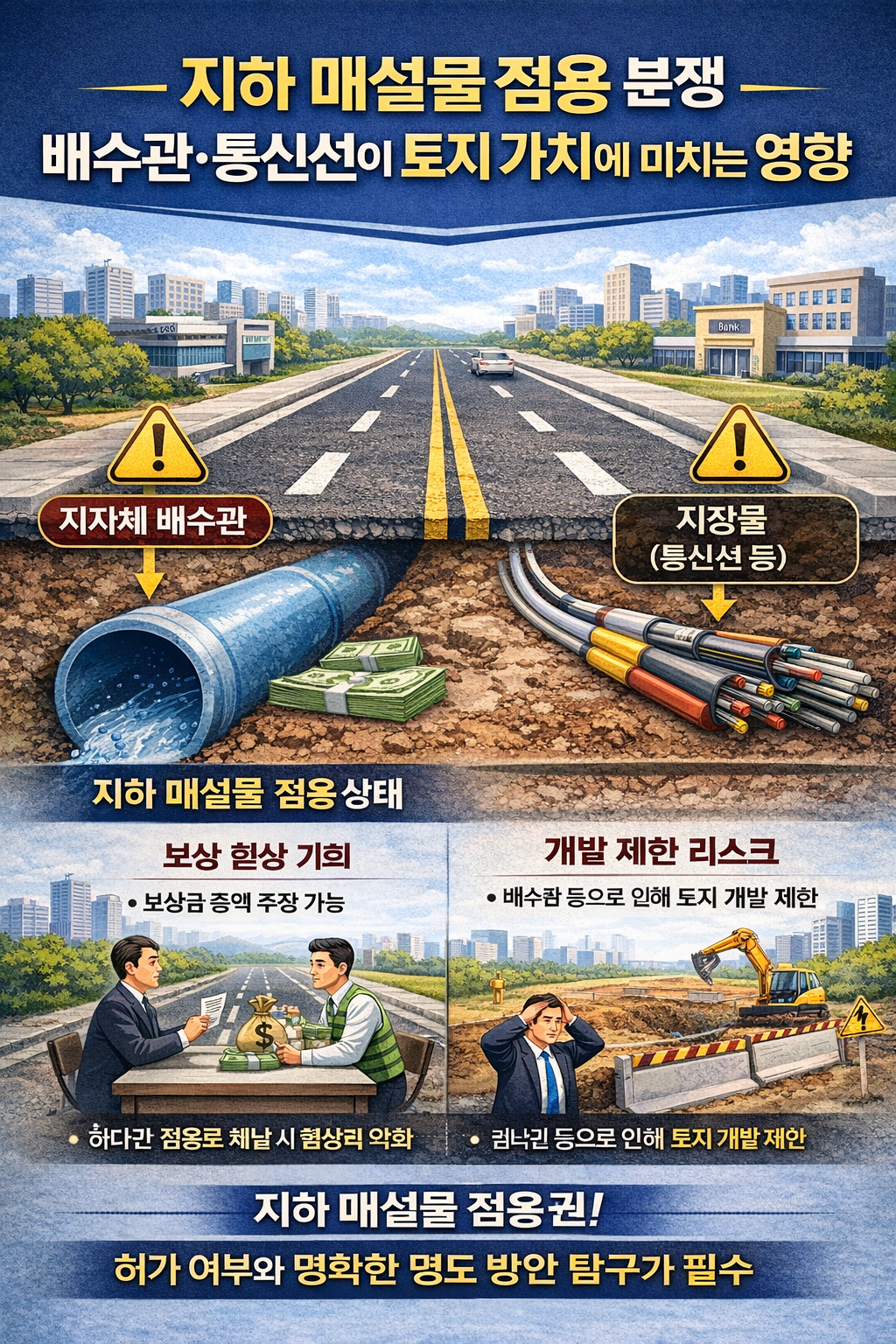 도로 아래 배수관과 통신선 등 지하 매설물로 인해 개발이 제한되는 토지 점용 분쟁 설명 이미지