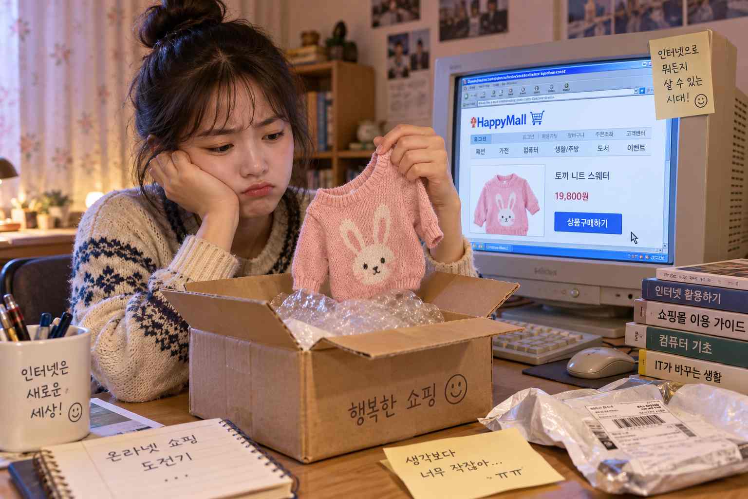 인터넷 쇼핑몰에 표시된 상품과 택배 상자에서 꺼낸 작은 옷을 비교하며 난감해하는 모습