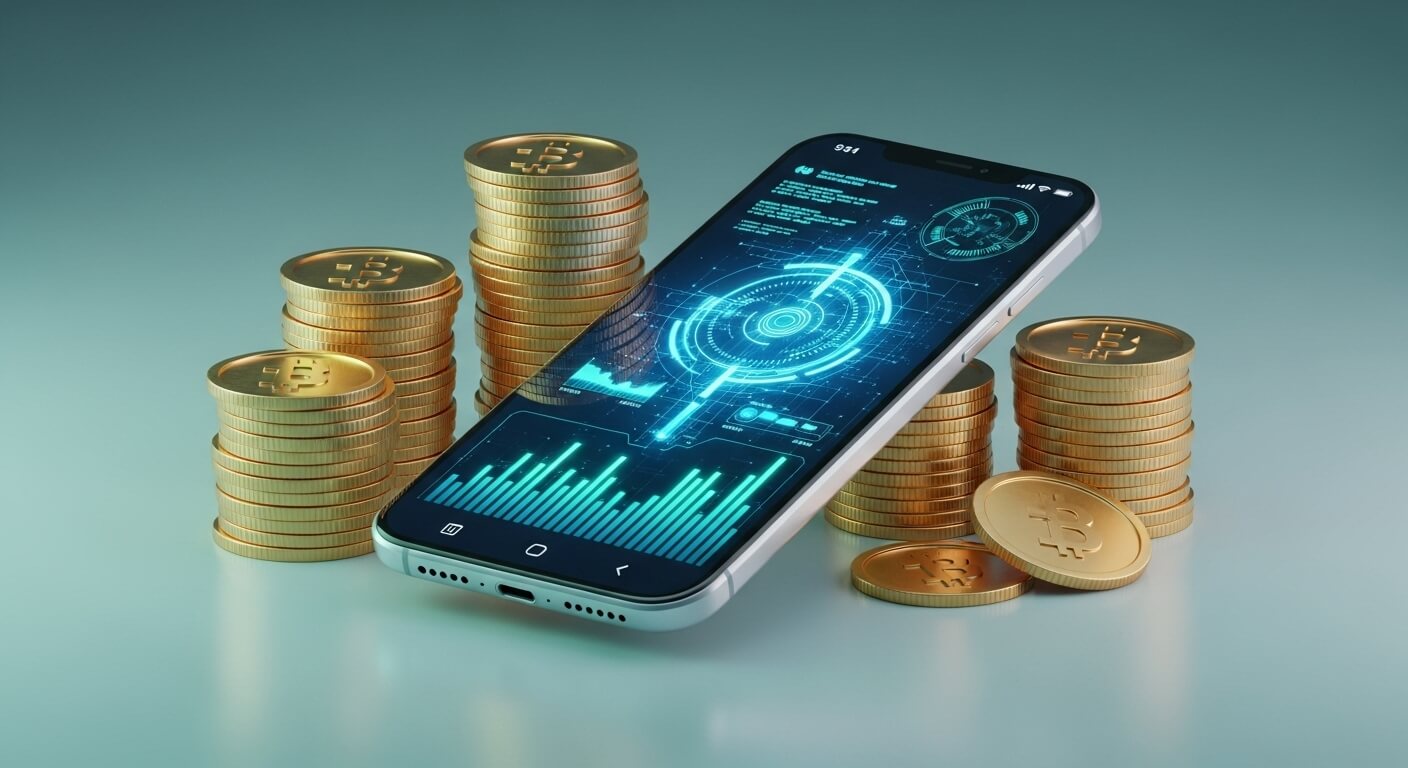 휴대폰과여러코인이있다