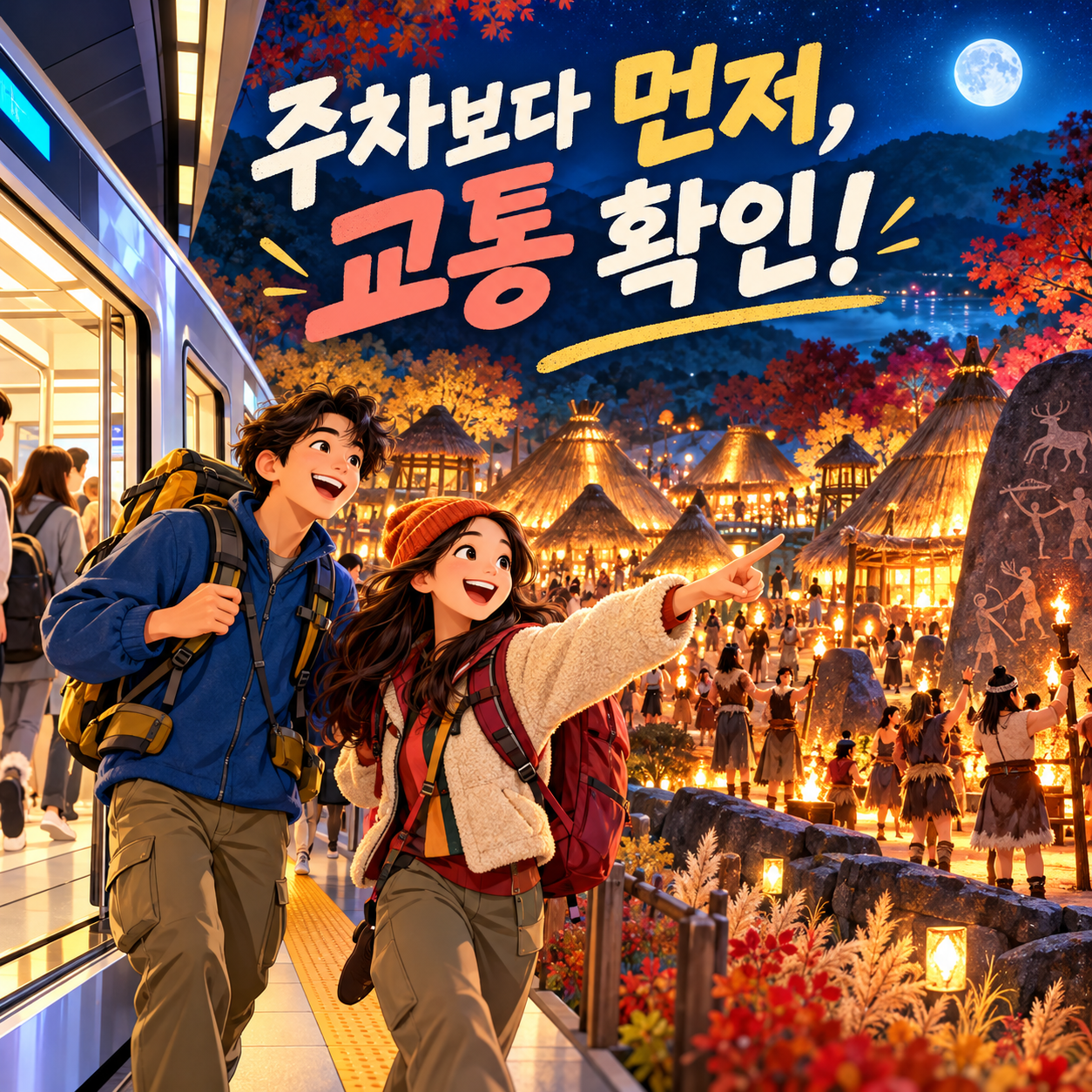 대중교통 이용과 교통 확인을 안내하는 축제 여행 일러스트