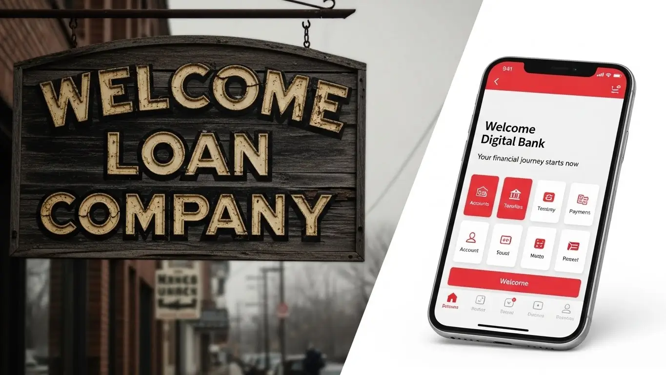 과거의 웰컴론 간판이 내려가고 현대적인 웰컴저축은행 웰컴디지털뱅크 로고가 떠오르는 모습