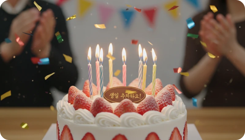 화려한 생일 촛불이 켜진 딸기 생크림 케이크와 주변에 흩날리는 반짝이는 색종이 조각들, 파티 분위기, 아웃포커싱 배경, 생동감 넘치는 사진