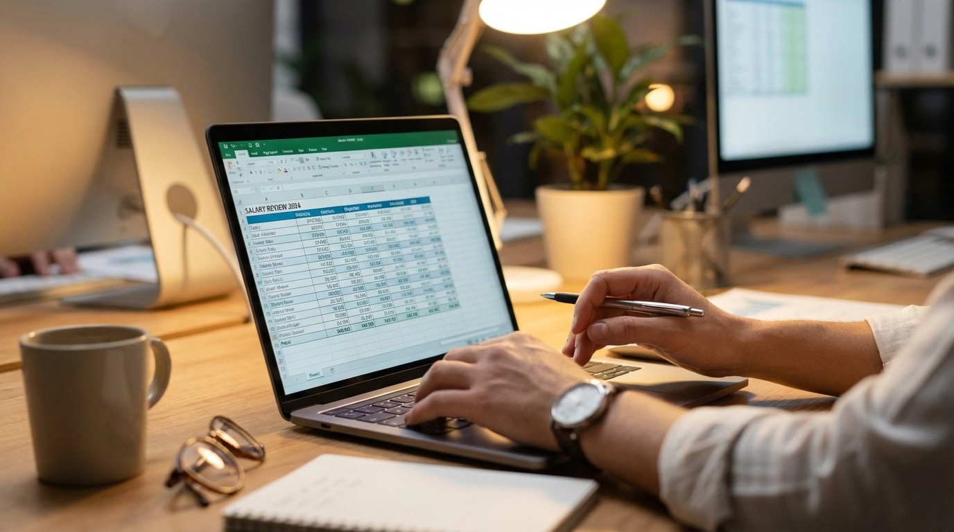 노트북으로 급여명세서를 확인하는 직장인의