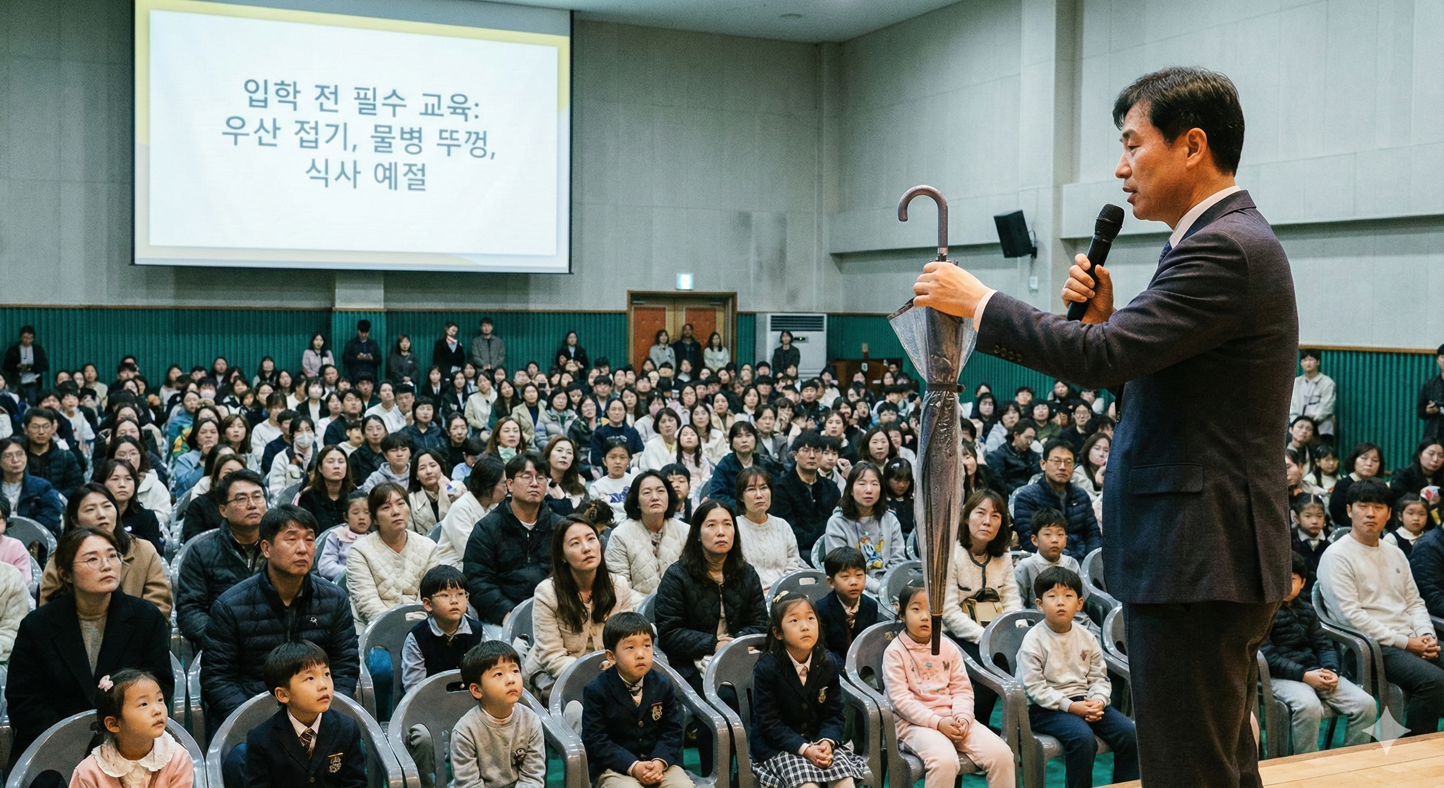 입학식에서 남에게 피해를 주지 않는 생활 습관을 설명하시는 교장선생님