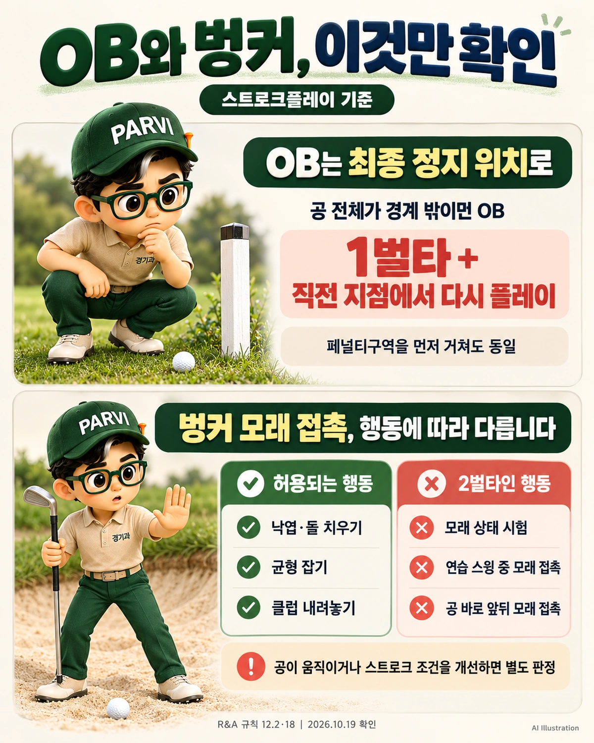 골프 룰에서 OB와 벙커 판정 기준을 나타낸 설명 도표
