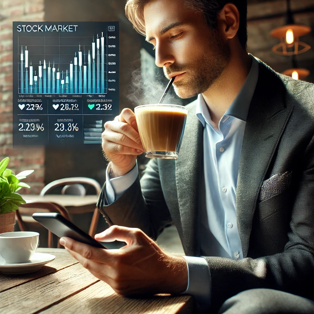 카페에서 스마트폰으로 주식 시장을 확인하는 투자자
