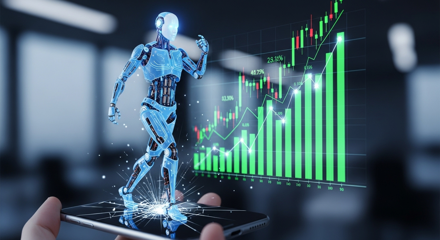 A glowing 3D AI robot walking out of a smartphone screen. In the background, a stock market rise graph floats as a hologram.