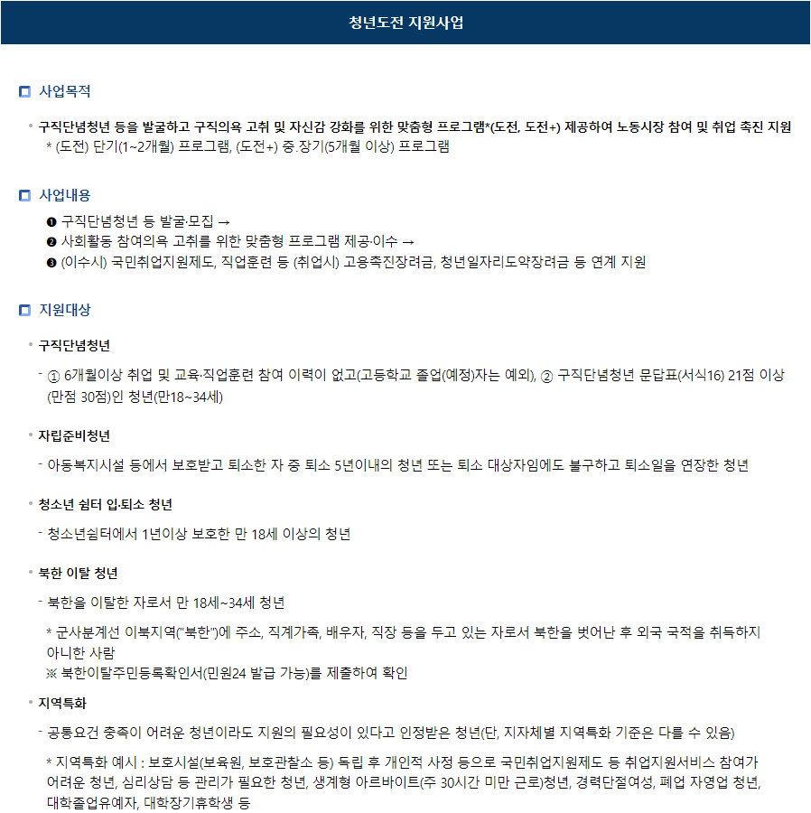 고용노동부 청년지원정책 청년도전 지원사업