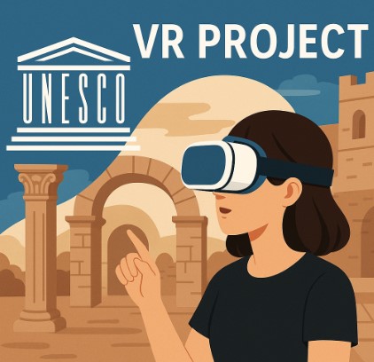 고대 유적지 가상현실을 체험하는 여성이 VR 헤드셋을 착용한 모습.