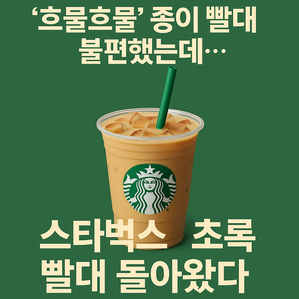 스타벅스 초록 플라스틱 빨대와 아이스 커피 이미지, 종이 빨대 대체 홍보용