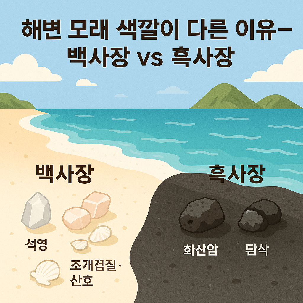 백사장은 석영&middot;산호, 흑사장은 화산암&middot;현무암으로 형성된 해변 모래 색깔 비교 [사진 출처: 챗GPT AI 생성]