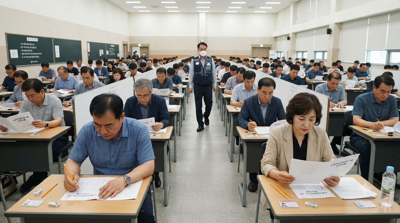 한국소방안전원 주관 소방안전관리자 2급 자격시험이 진행 중인 대형 고사장 전경. 수많은 응시생들이 책상에 앉아 진지하게 시험지를 내려다보고 있으며, 감독관이 복도를 순회하고 있다.