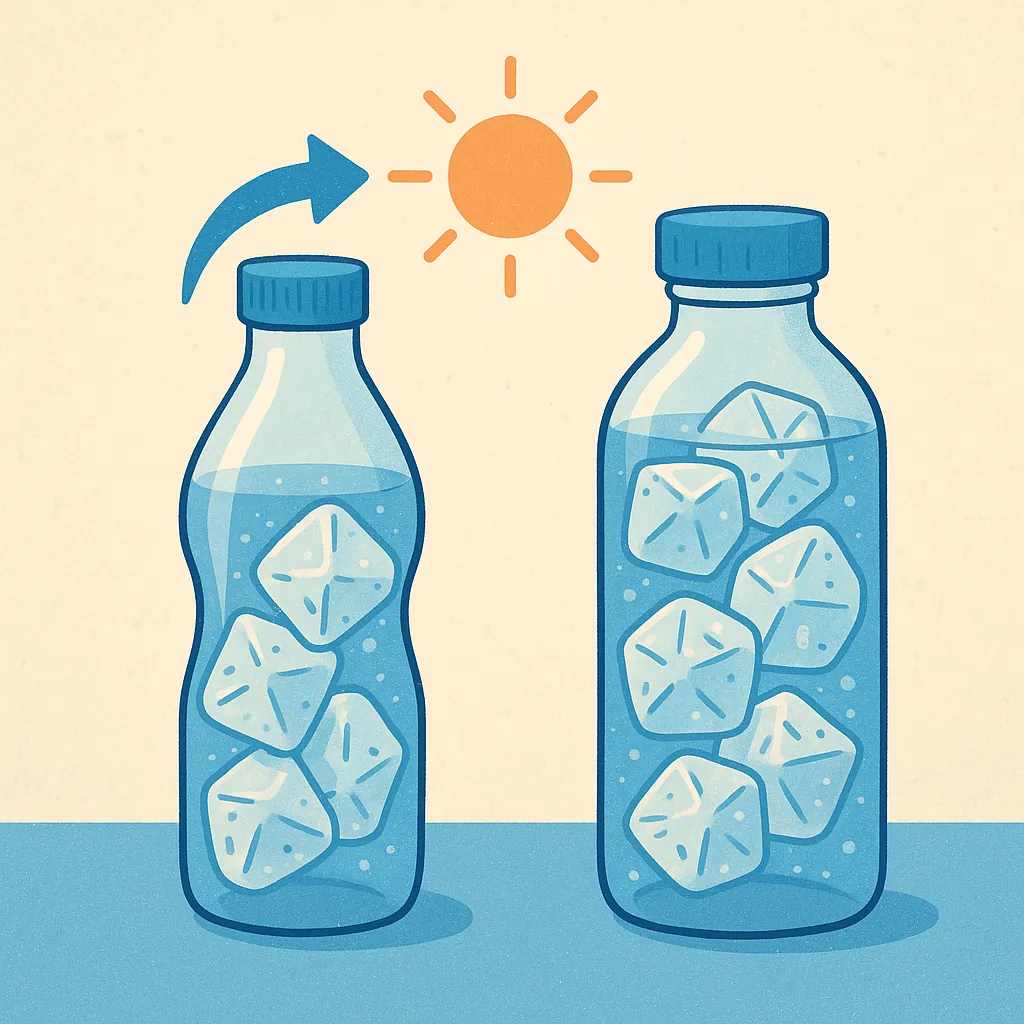 입구가-좁은-물병이-더-시원하게-느껴지는-이유를-과학적으로-암시하는-일러스트-두-개의-물병과-얼음-그리고-햇빛-상징