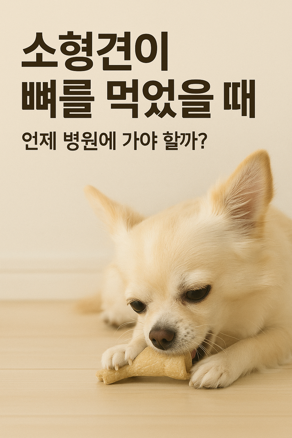 소형견이 뼈를 먹었을 때 대처법에 대한 정보 이미지. 크림색 치와와가 바닥에서 뼈 모양 간식을 먹고 있으며, '소형견이 뼈를 먹었을 때 언제 병원에 가야 할까?'라는 문구가 포함되어 있음.