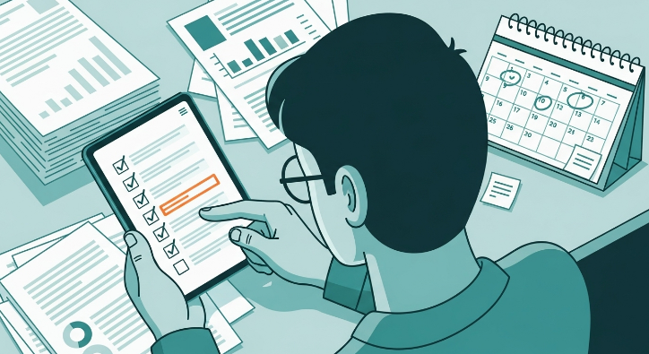 고용보험 상실 신고 및 이직확인서 처리 현황을 디지털 기기로 꼼꼼히 확인하는 사람의 모습.