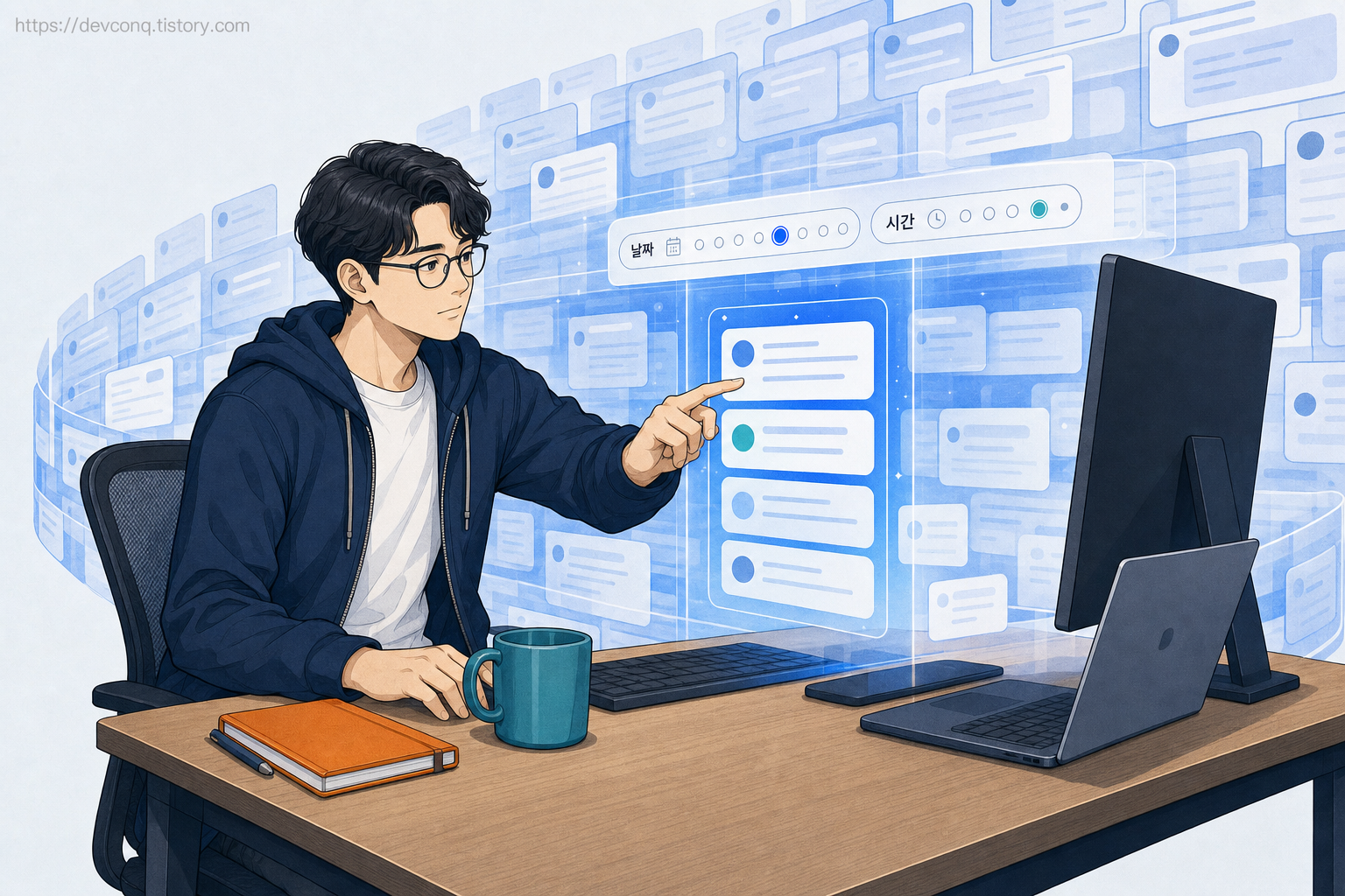 거대한 대화 더미에서 날짜와 시간 필터로 하루치 카드만 골라내는 고정 2D 남성 개발자