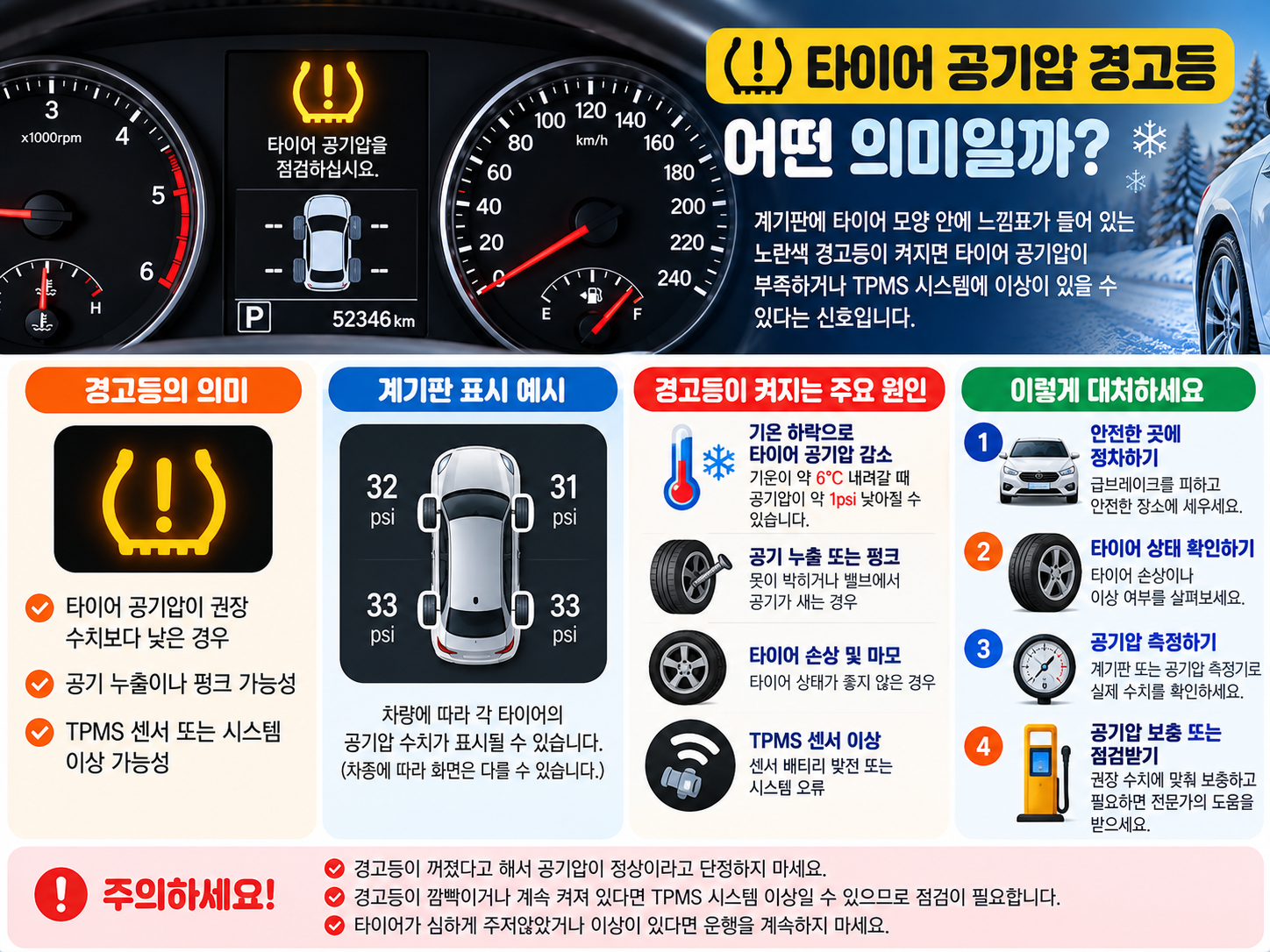 자동차 계기판의 타이어 공기압 경고등과 TPMS 점검 안내 예시 이미지