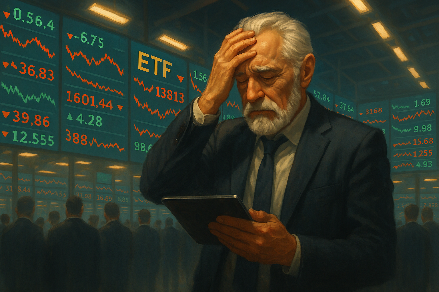 실을 본 투자자가 주가 하락 차트를 보며 충격을 받는 모습