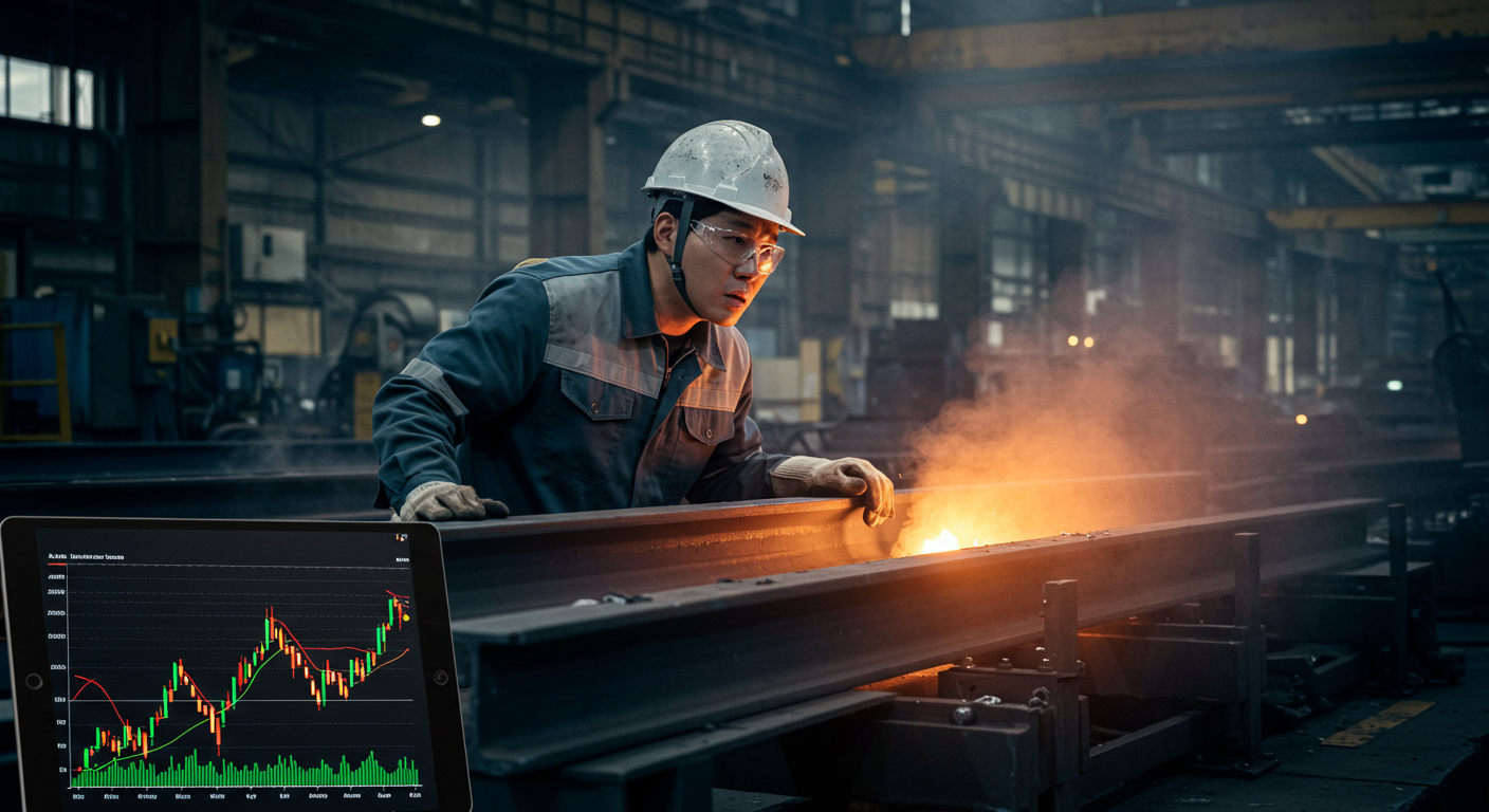 철강 공장에서 걱정스러운 표정으로 작업하는 한국인 노동자