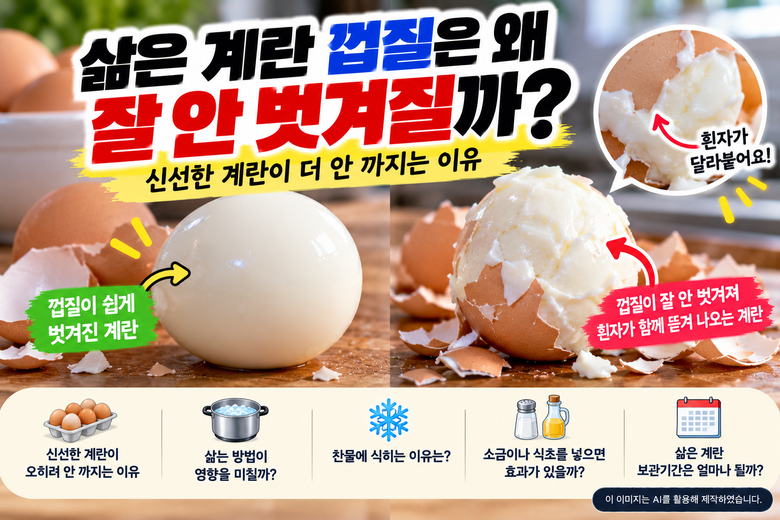 삶은 계란 껍질이 잘 안 벗겨지는 이유와 신선한 계란이 더 까기 어려운 원리