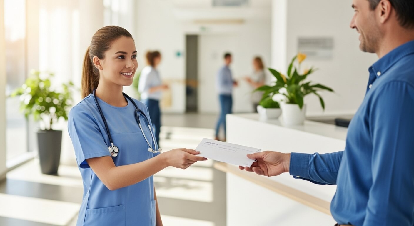 간호사가 발급된 보건증 서류를 남성에게 건네는 모습