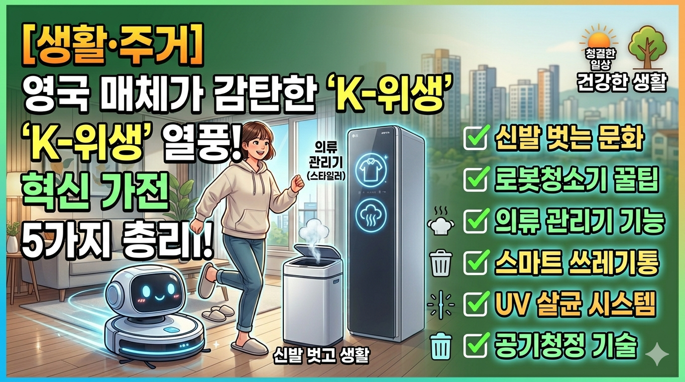 영국 매체가 극찬한 한국의 'K-위생' 문화를 소개하는 블로그 썸네일 이미지입니다. 깔끔하고 현대적인 스마트 홈 거실을 배경으로, 활짝 웃는 여성이 신발을 벗고 집 안으로 들어서고 있습니다. 그 주변으로 로봇청소기, 의류 관리기, 스마트 쓰레기통, UV 살균기 등 혁신 가전들이 배치되어 있으며, 상단에는 "[생활&middot;주거] 영국 매체가 감탄한 K-위생 열풍! 혁신 가전 5가지 총정리"라는 문구가 강조되어 있습니다