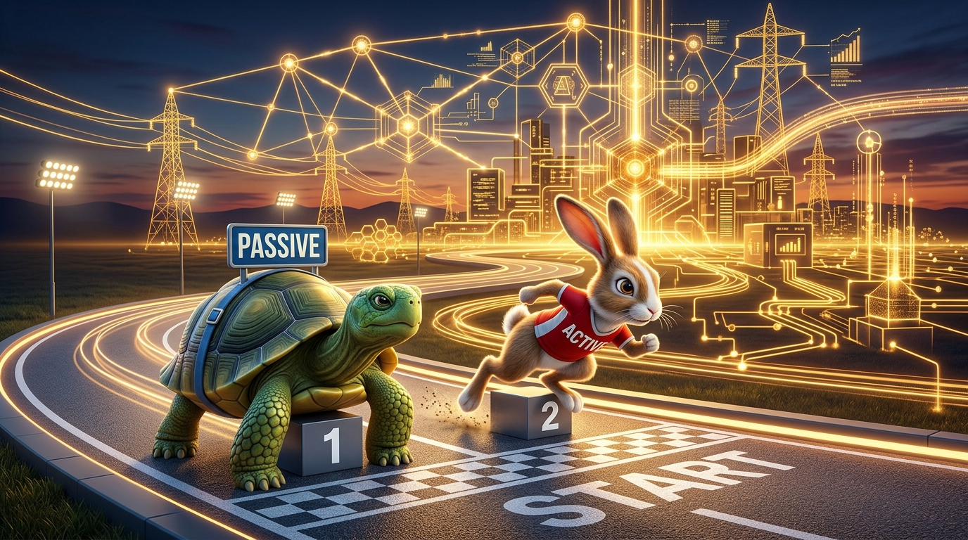 'PASSIVE'라고 적힌 안정적인 거북이와 'ACTIVE'라고 적힌 날렵한 토끼가 달리기 준비를 하고 있으며, 그 뒤로 AI 전력망이 황금빛으로 빛나는 3D 일러스트