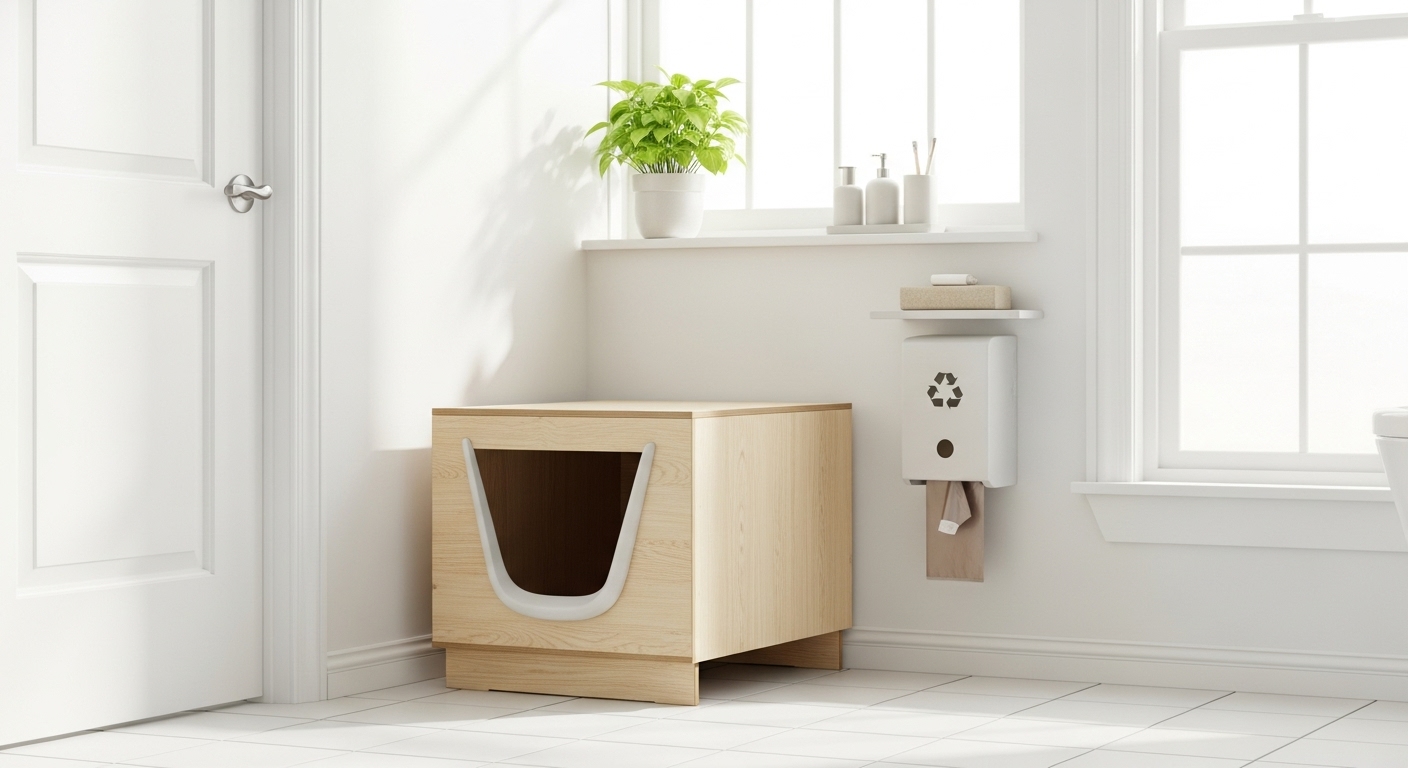 현대적인 욕실에 놓인 친환경 고양이 화장실과 생분해성 배변 봉투 디스펜서.