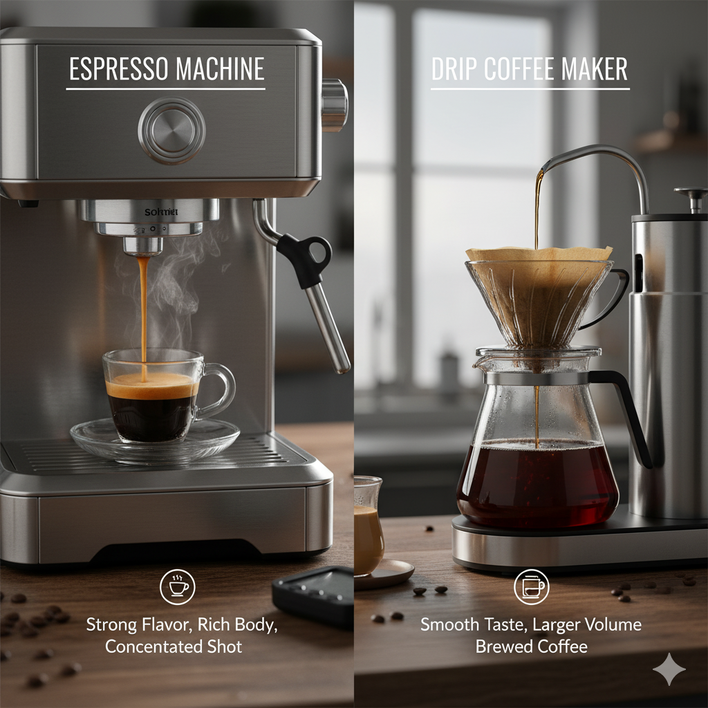 에스프레소머신과 드립머신을 나란히 놓고 커피를 추출하는 비교 장면(이미지 생성:google)