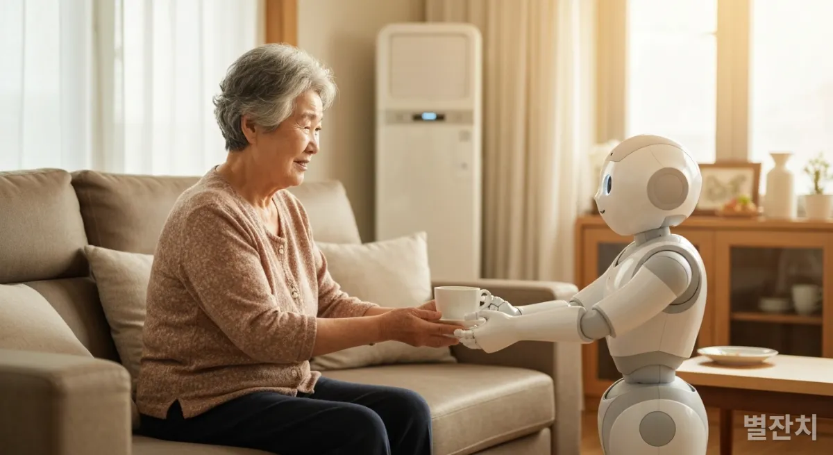 한국인 노인에게 차를 건네는 가정용 피지컬 AI 로봇