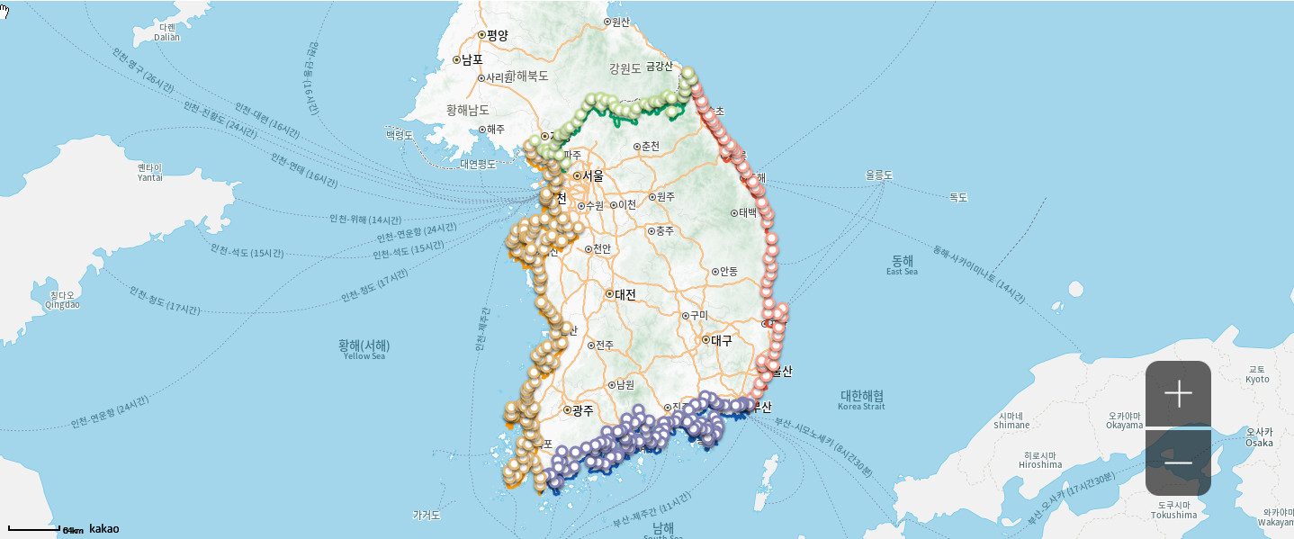 코스별 안내 및 추천 구간 - 해파랑길, 남파랑길, 서해랑길, DMZ평화의길