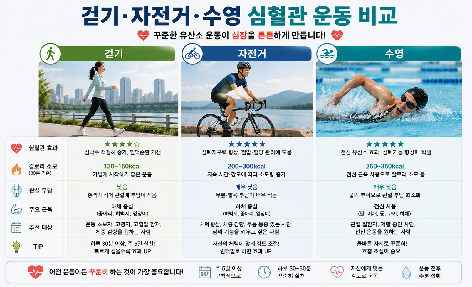 걷기, 자전거, 수영의 운동 강도, 칼로리 소모, 관절 부담, 심혈관 효과 비교 이미지